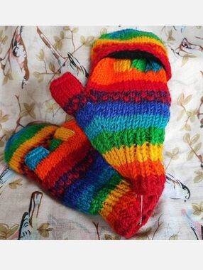 Fold Over Fingerless Gloves Mittens Gay Pride Wool Made In Nepal Fleece Lined